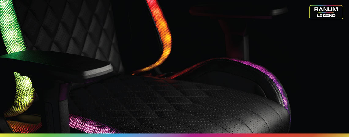 Schwarzer Gaming-Stuhl mit LED-Lichtern in vielen verschiedenen Farben