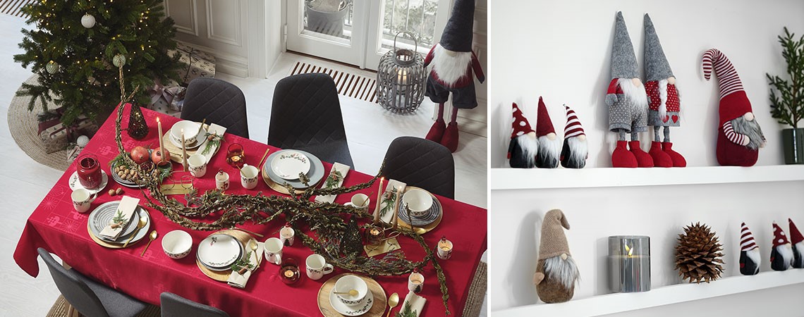 "Weihnachtlich geschmückter Esstisch mit Weihnachtsbaum und Elfen"