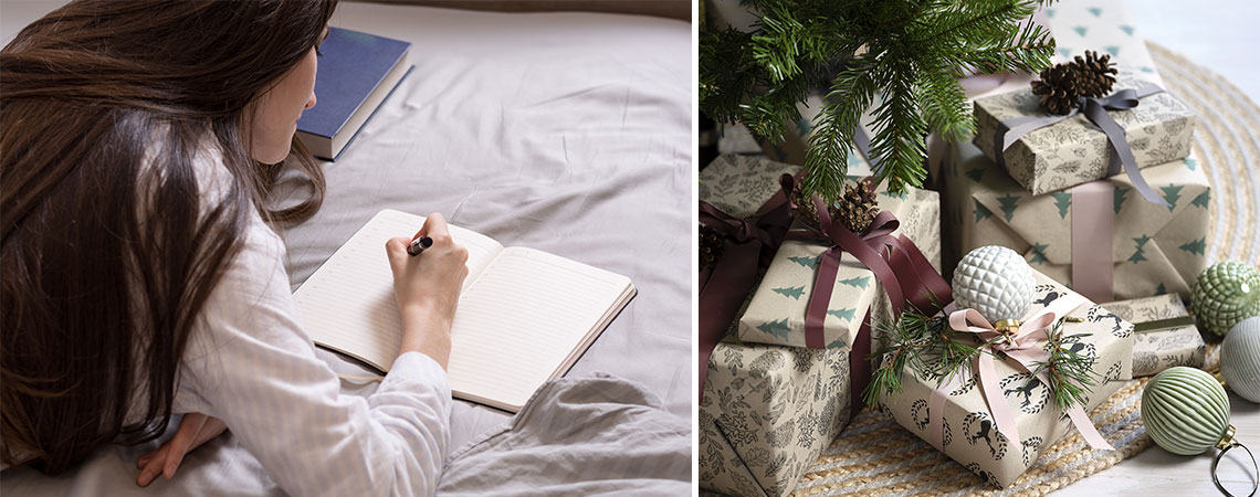 Frau die im Bett liegt und eine Einkaufsliste schreibt und Weihnachtsgeschenke unter dem Baum 