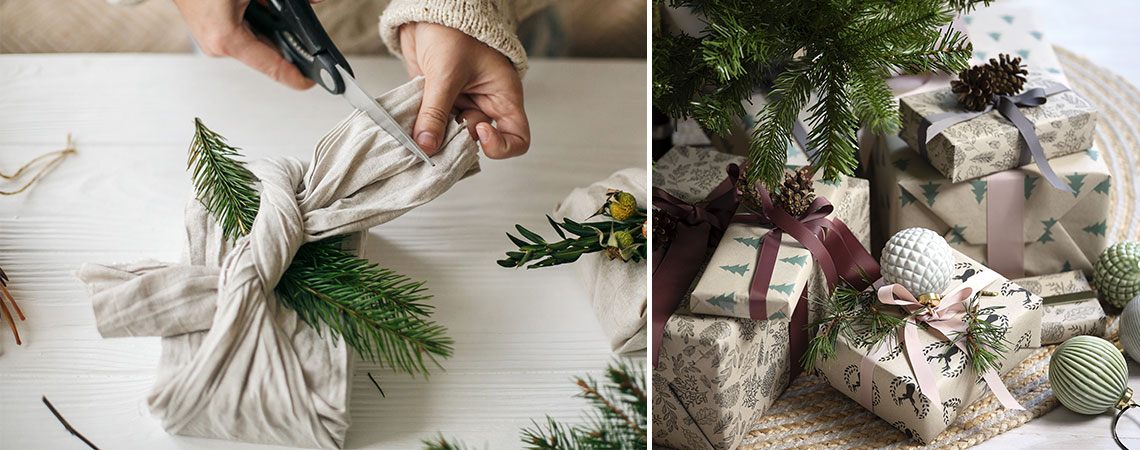 Weihnachtsgeschenke in Stoff und recyceltem Geschenkpapier verpackt