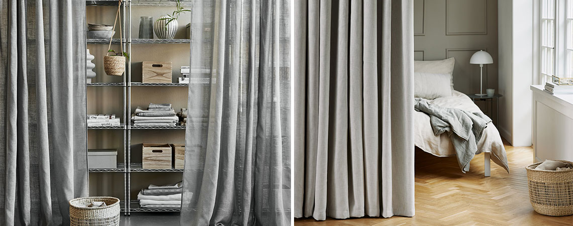 Transparenter Vorhang vor dem Regal und ein Vorhang in Beige vor dem Bett