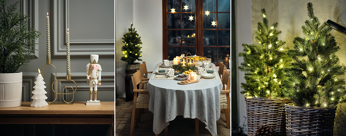 Kerzenhalter, Nussknacker, Tischdekoration und künstliche Weihnachtsbäume für drinnen und draußen