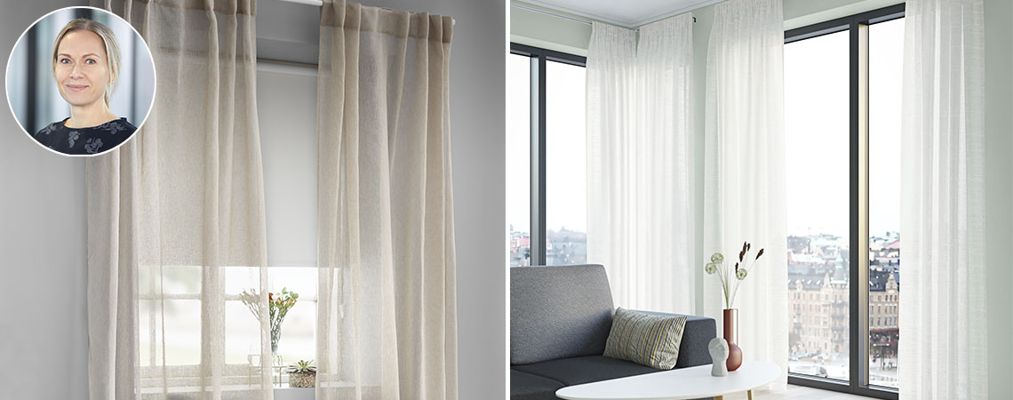 Beigefarbene Vorhänge und weiße Verdunkelungsrollos in einem Schlafzimmer und cremefarbene Vorhänge in einem Wohn- und Esszimmer