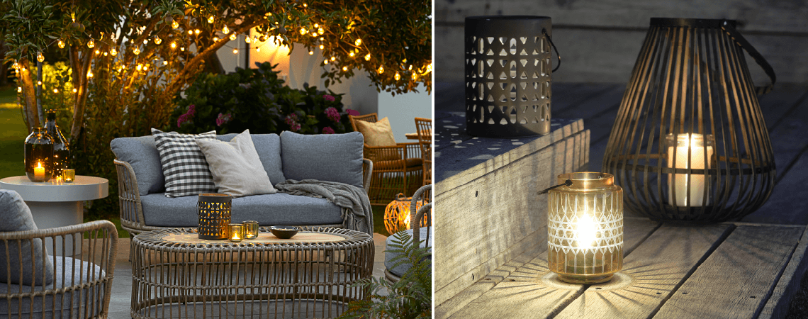 Gartenmöbel auf der Terrasse am Abend mit Gartenbeleuchtung und Gartenlaternen, die warmes Licht ausstrahlen