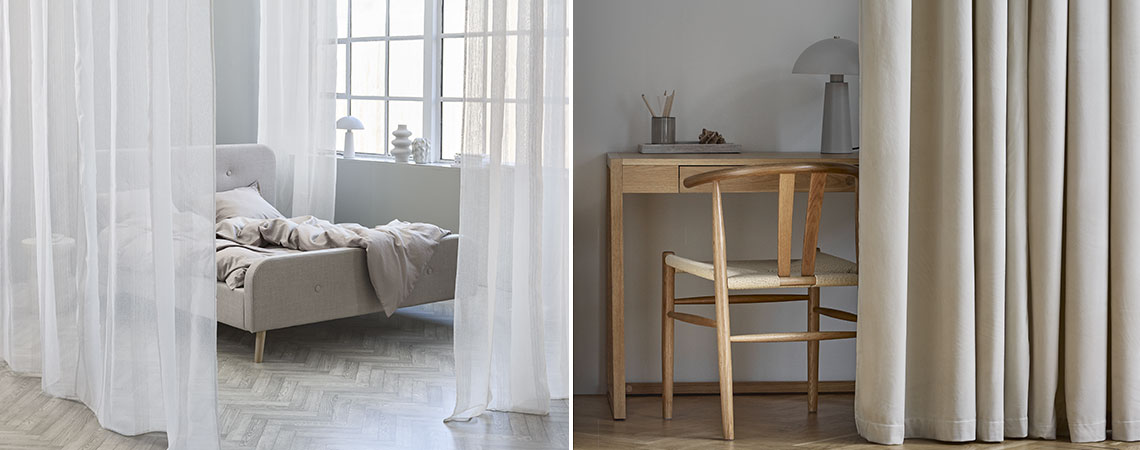 Zwei Beispiele für die Verwendung von Vorhängen als Raumteiler: Für ein Schlafzimmer und für das Arbeitszimmer zu Hause.