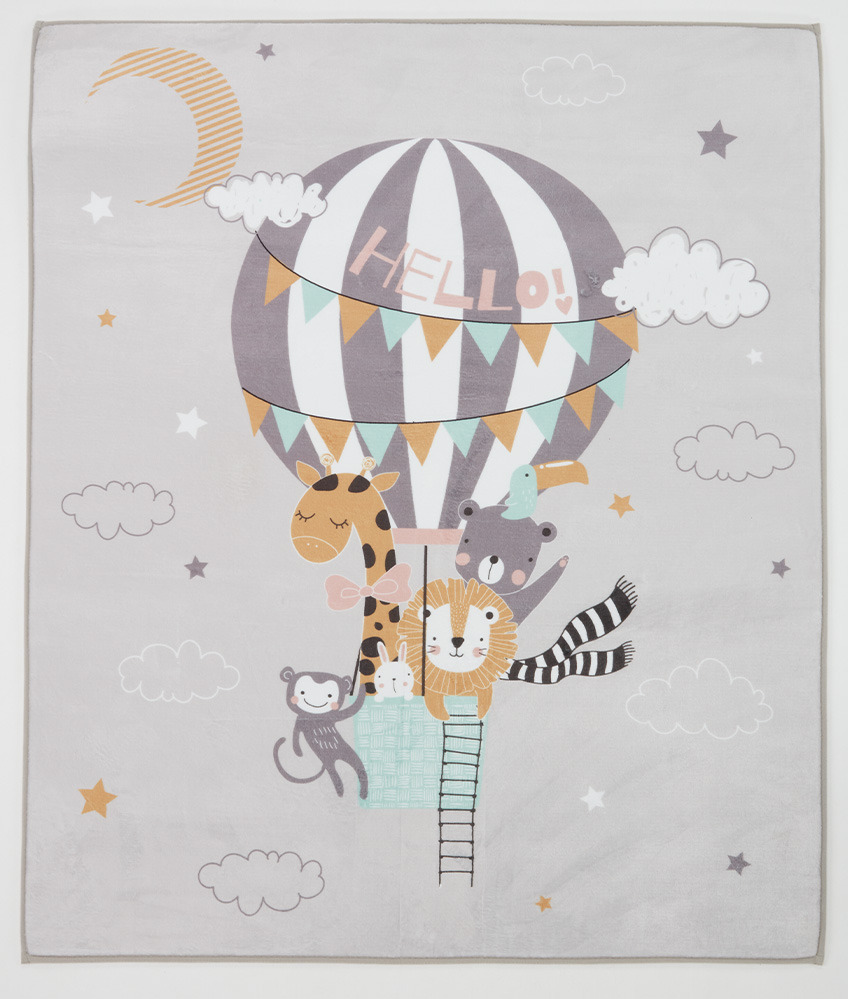 Kinderteppich mit süßen Tieren und Heißluftballon