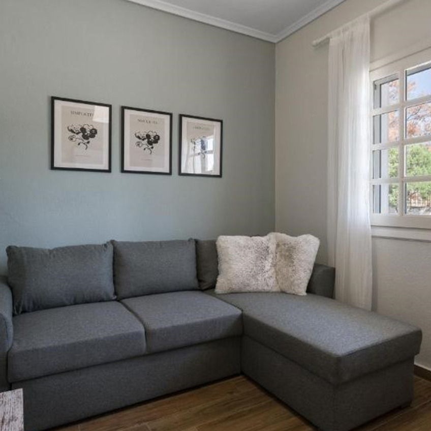 Möbliertes Wohnzimmer mit Sofa, Kissen und Dekoration
