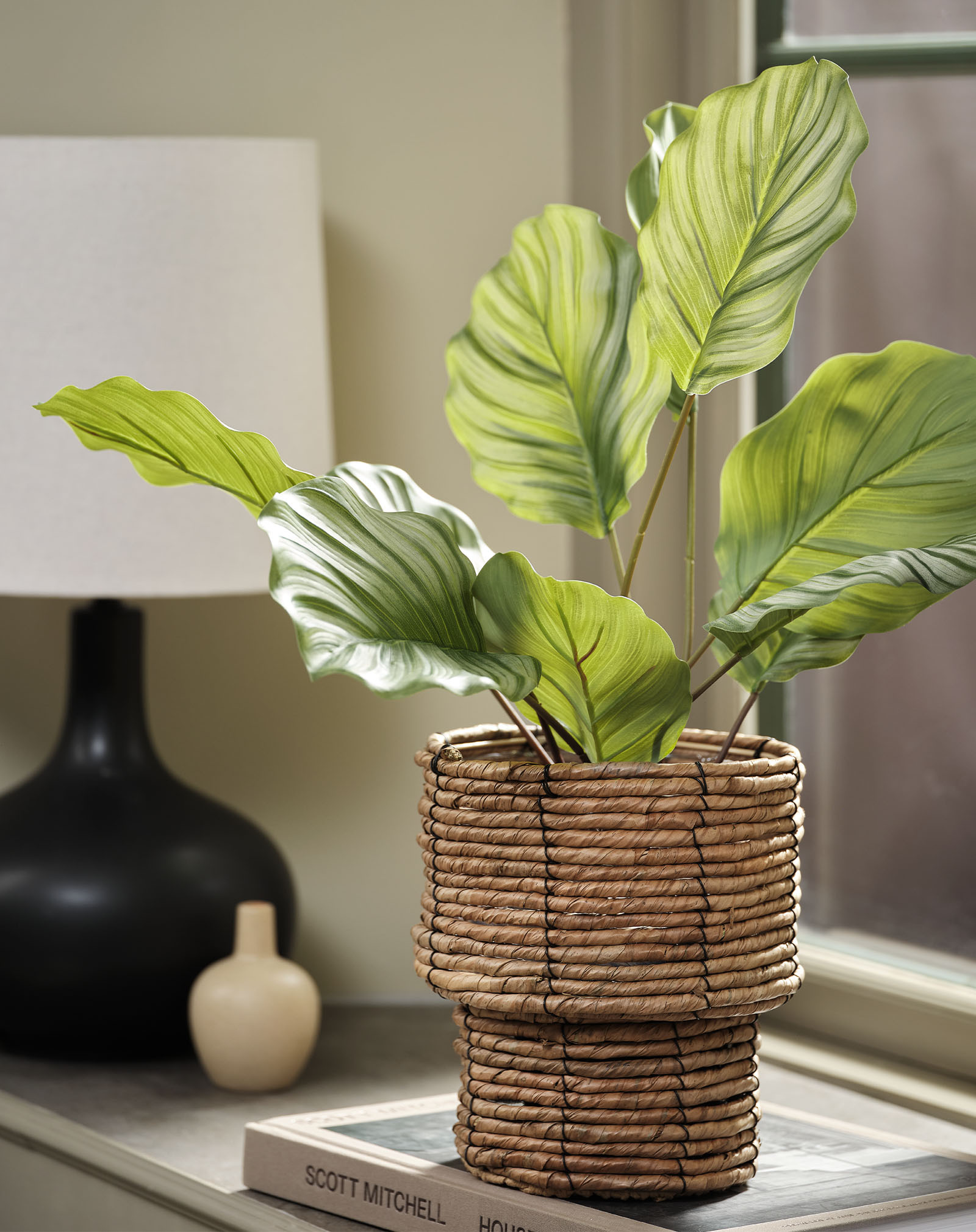 Künstliche Pflanze (Nachbildung einer Calathea) in einem geflochtenen Blumentopf