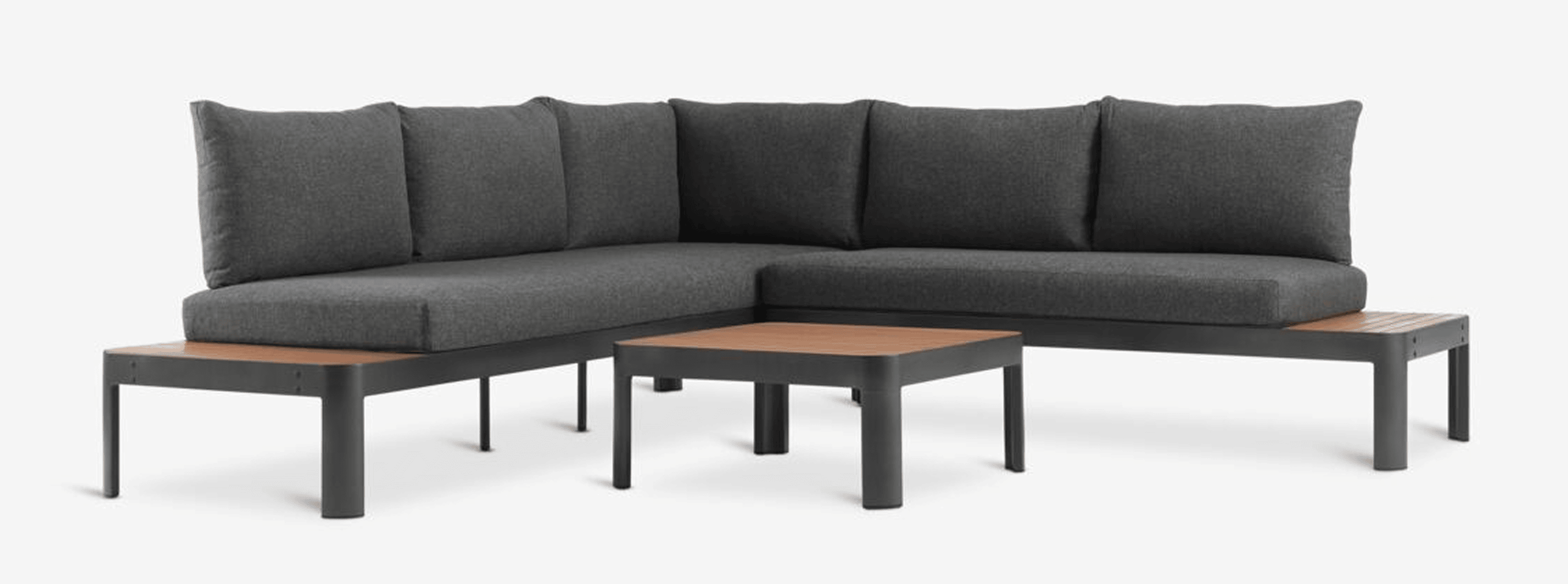 Garden lounge sets Dark grey L-shaped modular outdoor sofa with teak-top side tables and a matching square coffee table, shown against a plain white background.