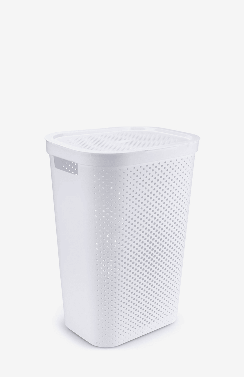 Laundry baskets White perforated plastic laundry hamper with a lid and cutout handle, shown against a plain white background.