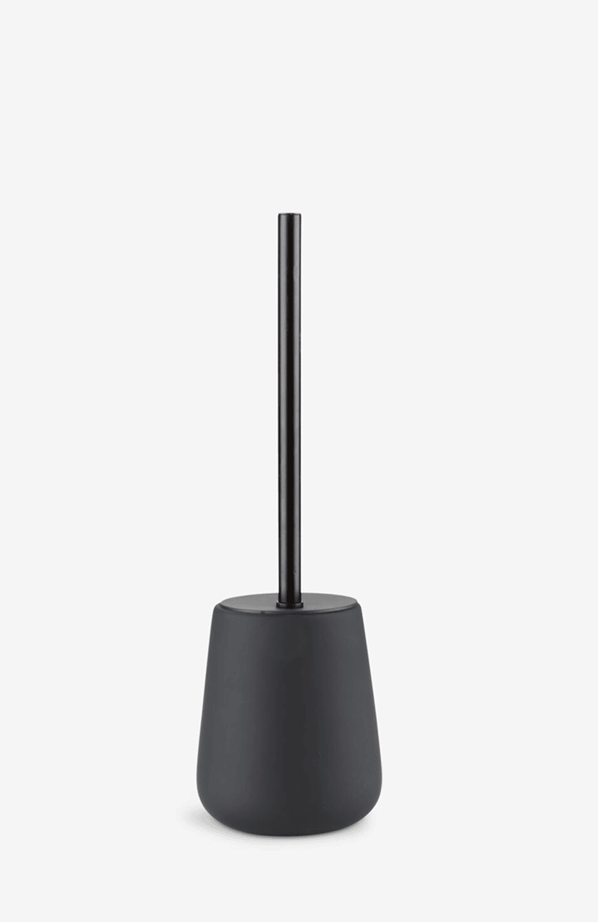 Toilet brushes Tall matte black toilet brush with a round ceramic holder, shown against a plain white background.