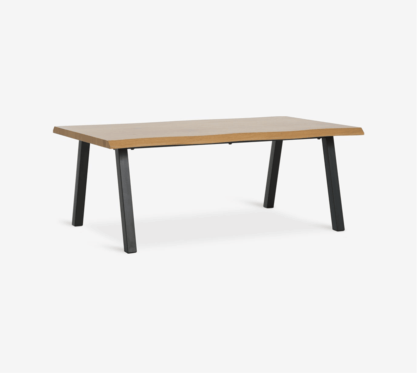 Widths Rectangular oak coffee table with a live-edge top and angled black metal legs, shown against a plain white background.