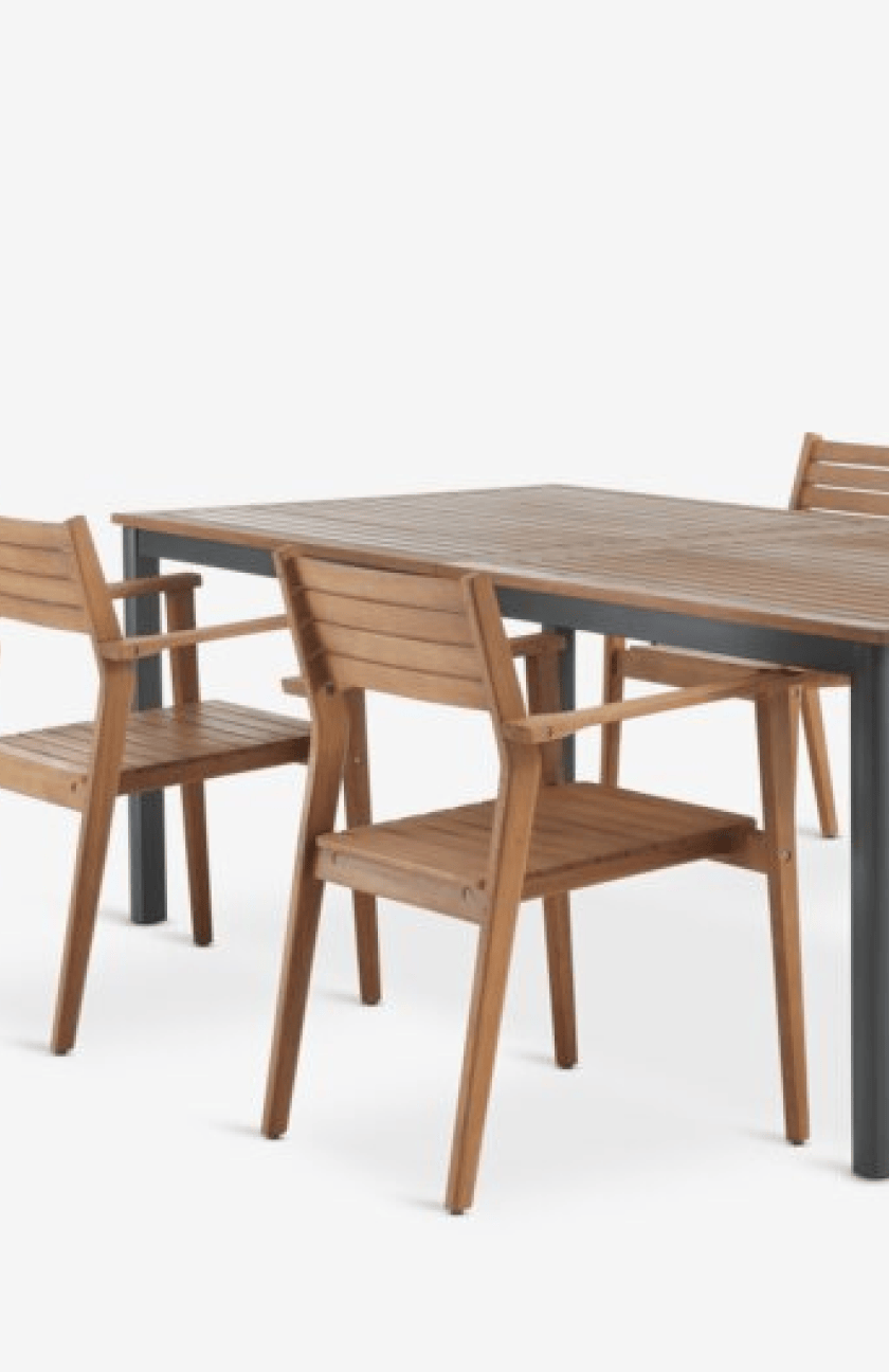 Wooden sets Three wooden outdoor armchairs with slatted backs around a wooden table with a slatted top, shown against a plain white background.