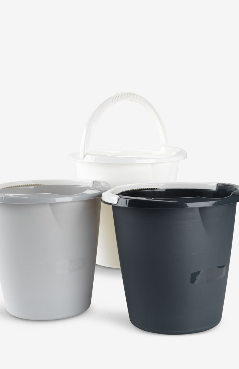 Cleaning products Three stacked lidded buckets in white, grey, and black, shown against a plain white background.