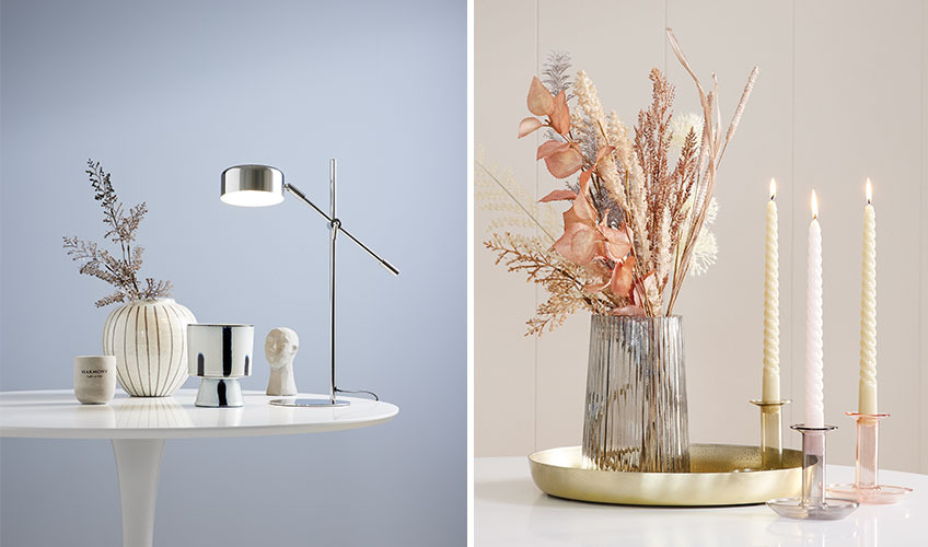 ISAK chrome lamp, BOSSE candle, SOFUS vase, ROY glass vase, EDGAR candle sticks, and BALDUR twisted candles Vases, candle sticks, lamp and candle in Scandinavian design and light colours
