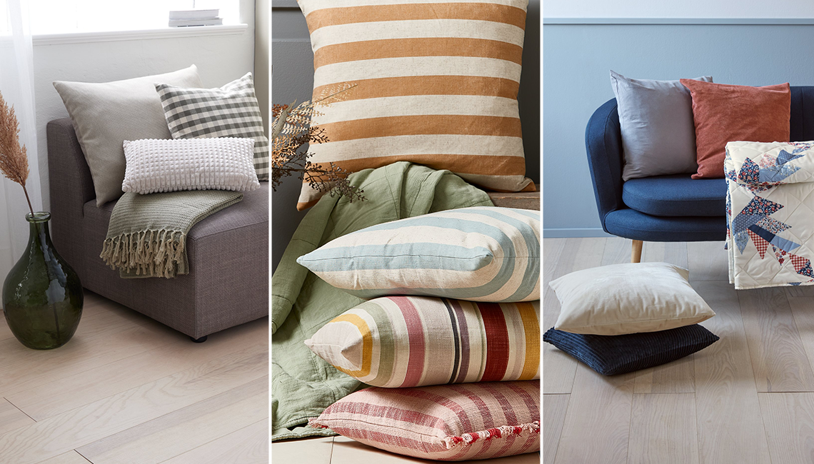 Kissendekoration für das neue Sofa Drei Fotos mit Dekokissen auf dem Sofa