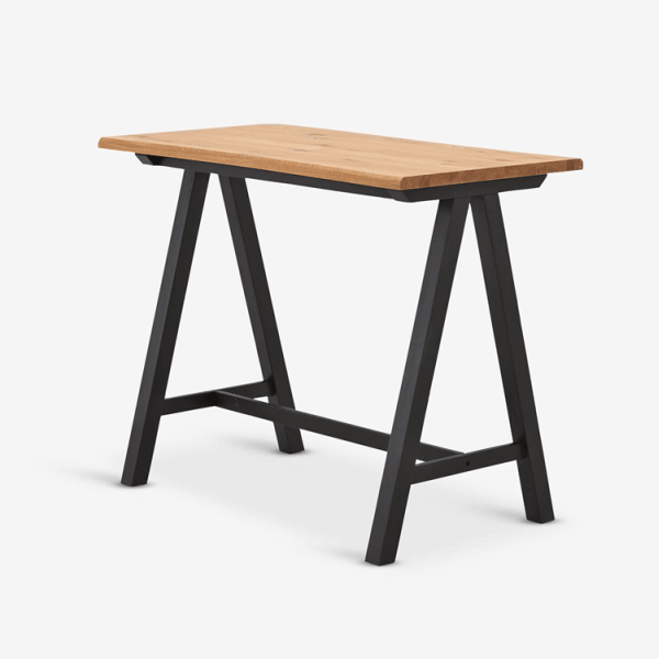 Various heights and widths Rectangular oak-top coffee table with a black angled A-frame base, shown against a plain white background.