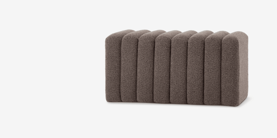 Benches Channel-tufted brown bouclé bench with vertical ribbed cushioning, shown against a plain white background.
